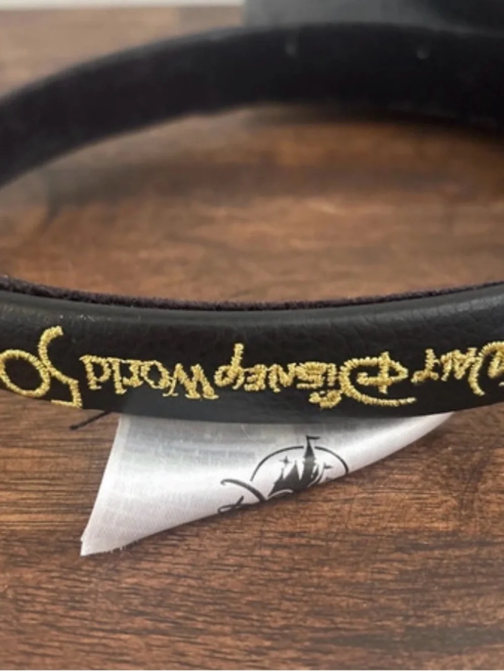 Disney Parks 50th Anniversary Black Faux Leather & Gold Minnie Ears Headband